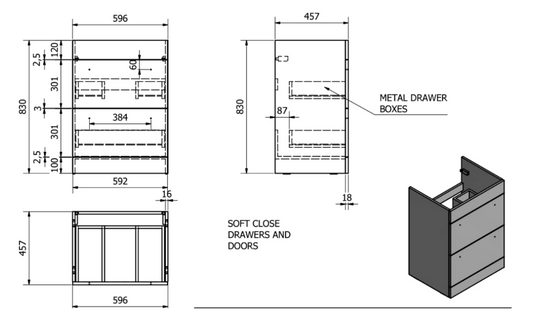 600mm 2 Drawer Floor Standing Unit with Ceramic Basin