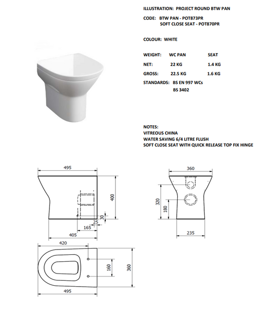 Project Round Back To Wall WC Pan with Soft Close Seat