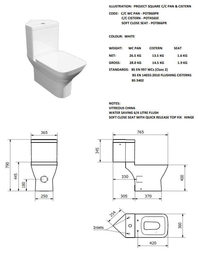 Project Square C/C WC Pan with Cistern & Soft Close Seat