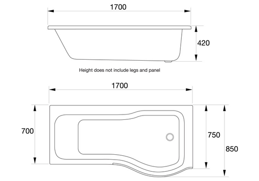 Oblique P Shaped 1700x850mm Left & Right Handed Baths With Legs