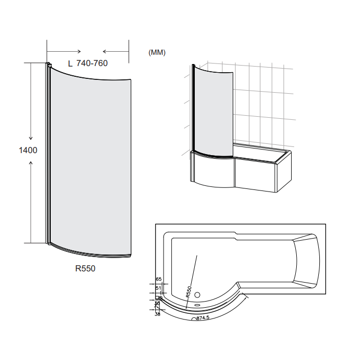Oblique P Shaped Bath Screen
