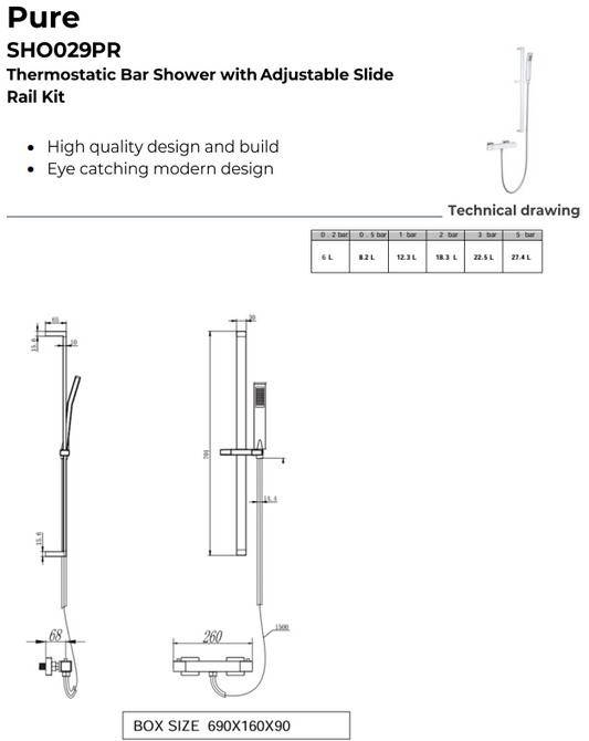 Pure Thermostatic Bar Shower with Slide Rail Kit