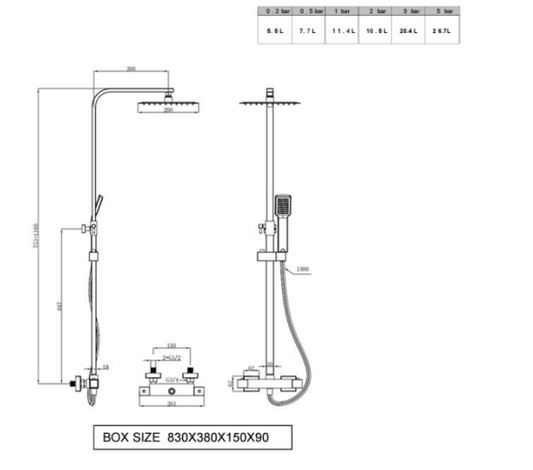Pure Thermostatic Bar Shower with Ultra Slim Stainless Shower Drencher and Sliding Handset