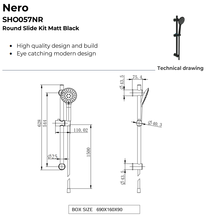 Nero Round Thermostatic Shower with Adjustable Slide Rail Kit & Fixed Overhead Drencher