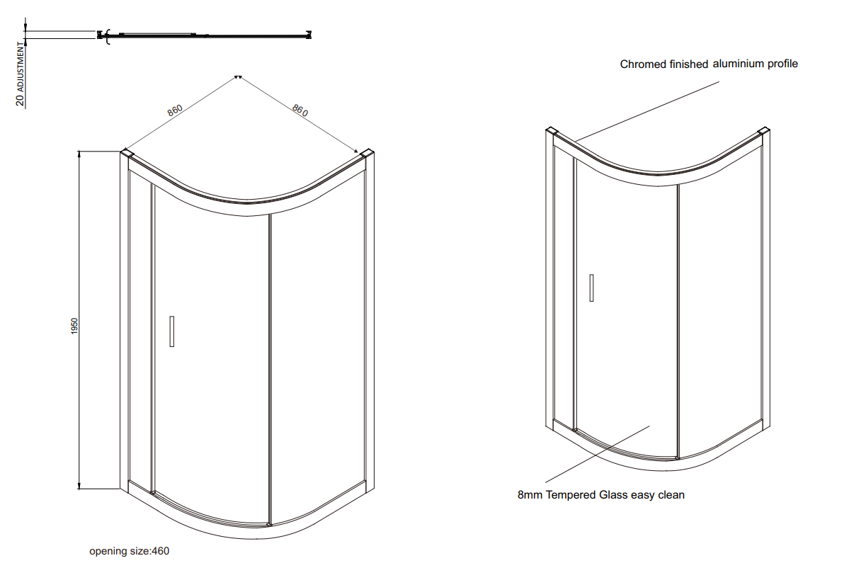 KV8 Single Door Quadrant 900mm