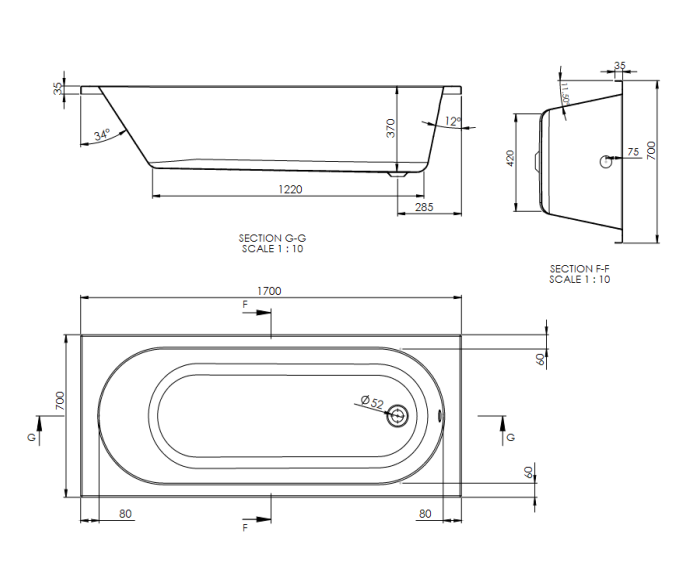 1700 x 700mm Single-Ended Bathtub