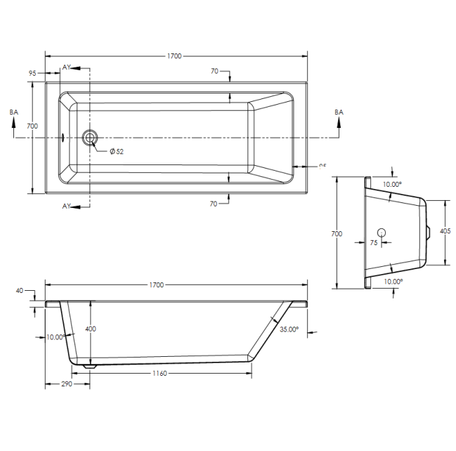 1700 x 700mm Single-Ended Bathtub