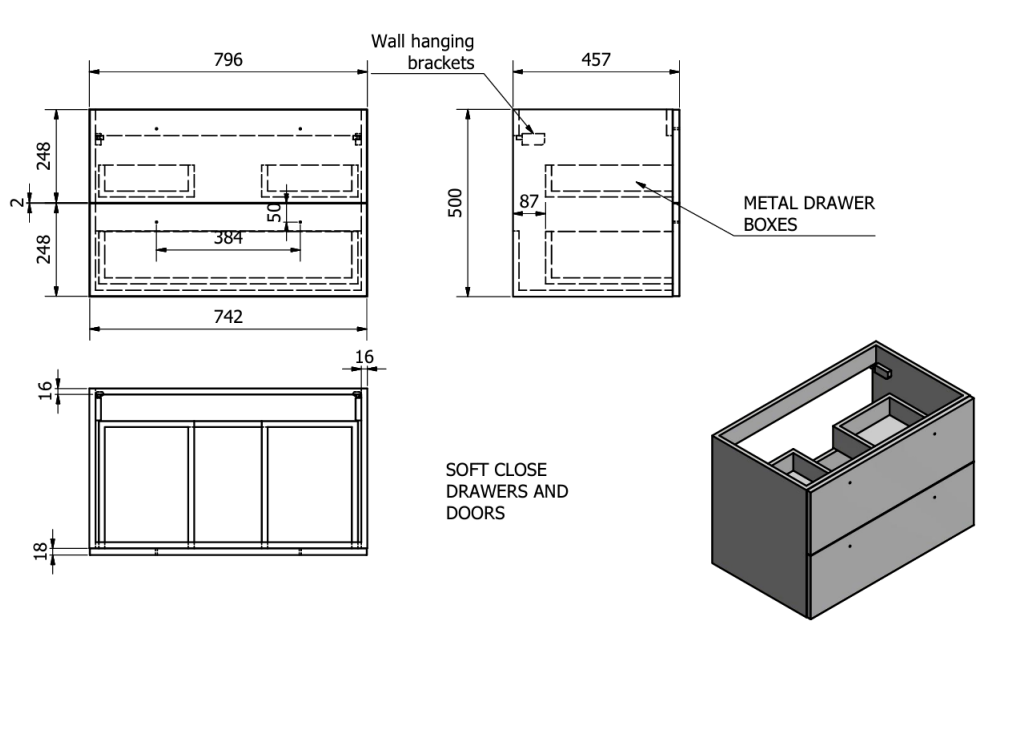 800mm Wall Mounted 2 Drawer Unit Inc. Ceramic Basin