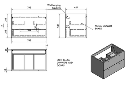 800mm Wall Mounted 2 Drawer Unit Inc. Ceramic Basin