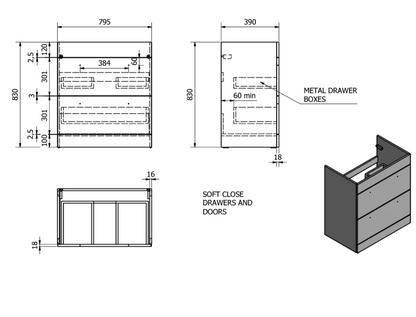 800mm 2 Drawer Floor Standing Unit with Ceramic Basin