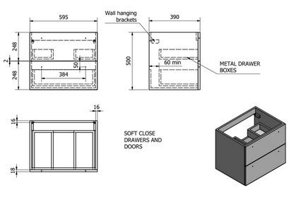 600 mm Wall Mounted 2 Drawer Unit Inc. Ceramic Basin