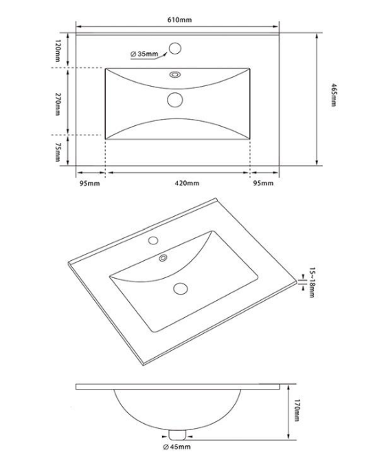 600 mm Wall Mounted 2 Drawer Unit Inc. Ceramic Basin