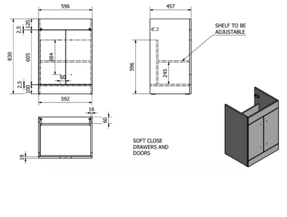 600mm Floor Standing 2-Door Unit with Ceramic Worktop & Sit-On Bowl