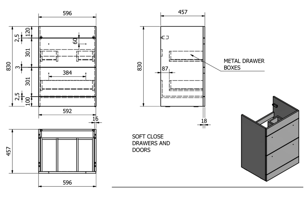 600mm Floor Standing 2-Drawer Unit with Ceramic Worktop &Sit-On Bowl