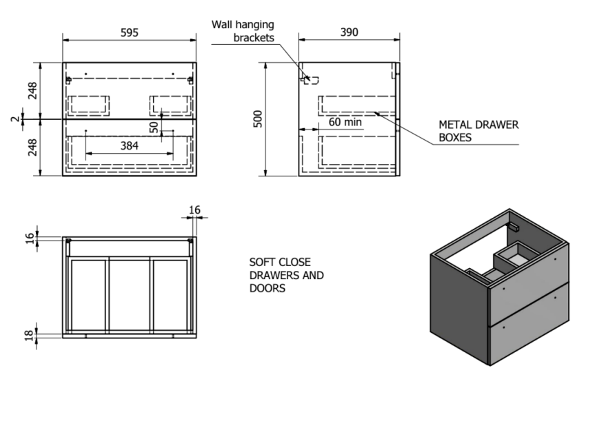 600mm Wall Mounted 2-Drawer Unit with Ceramic Worktop Sit-On Bowl