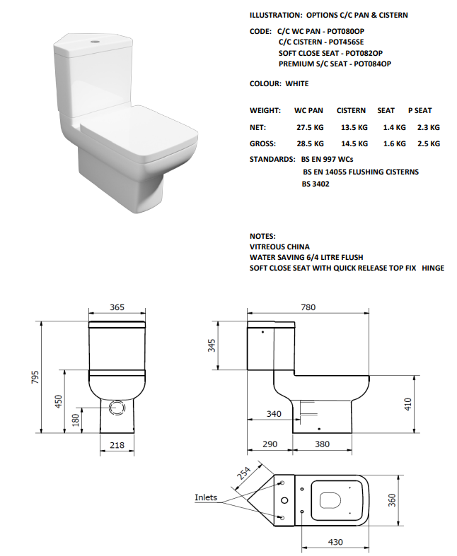 Project Round C/C WC Pan with C/C Corner cistern& Soft Close Seat