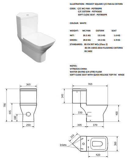 Project Square C/C WC Pan with Cistern & Soft Close Seat