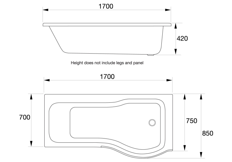 Oblique P Shaped 1700x850mm Left & Right Handed Baths With Legs