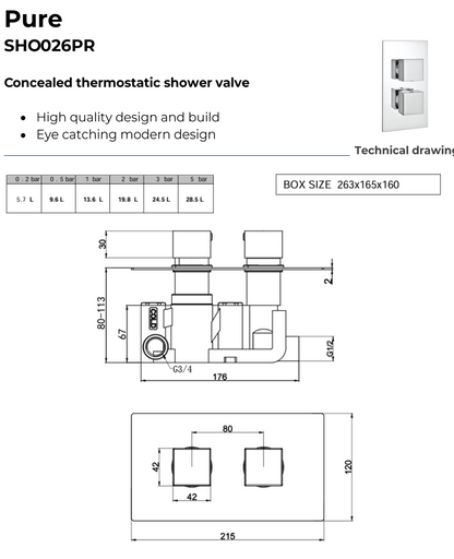 Pure Thermostatic Concealed Shower with Fixed Overhead Drencher