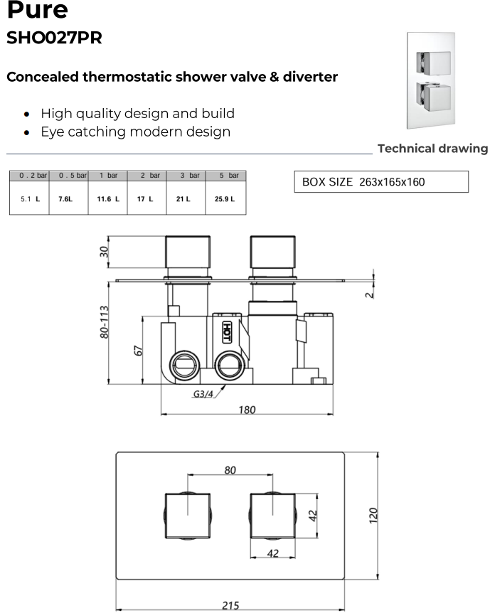 Pure Thermostatic Concealed Shower with Slide Rail Kit & Overhead Drencher
