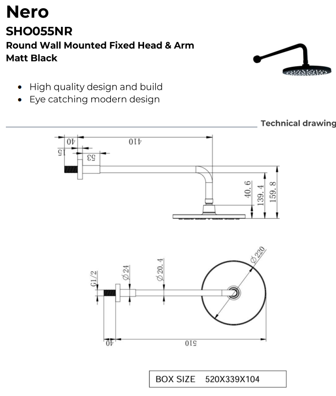 Nero Round Thermostatic Shower with Fixed overhead drencher