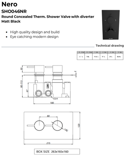 Nero Round Thermostatic Shower with Adjustable Slide Rail Kit & Fixed Overhead Drencher