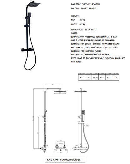 Nero Square Thermostatic Bar Shower with overhead drench and sliding handset