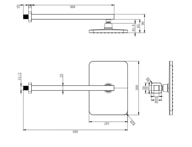 Nero Square Thermostatic Shower with Adjustable Slide Rail Kit & Fixed Overhead Drencher